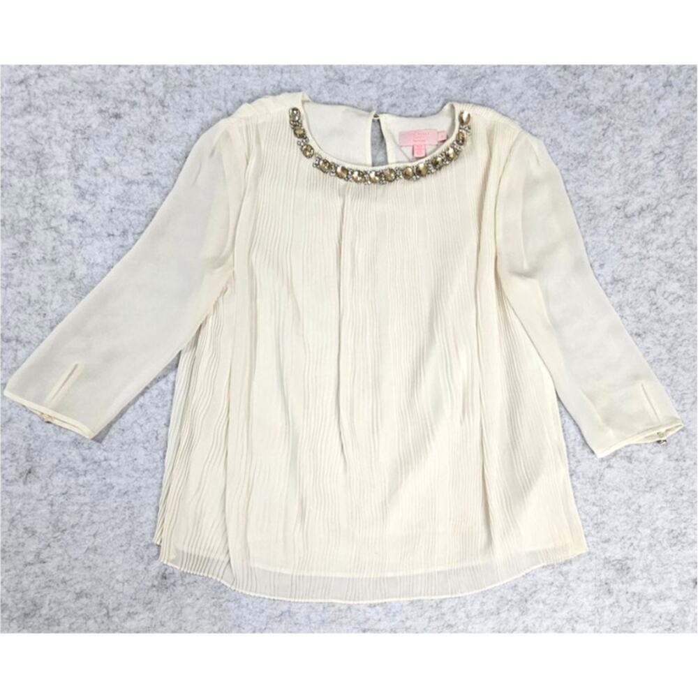 Ted Baker London Blouse, Jewel Embellished Neck, Pleated, 3/4 Sleeve, Lined Sz 1